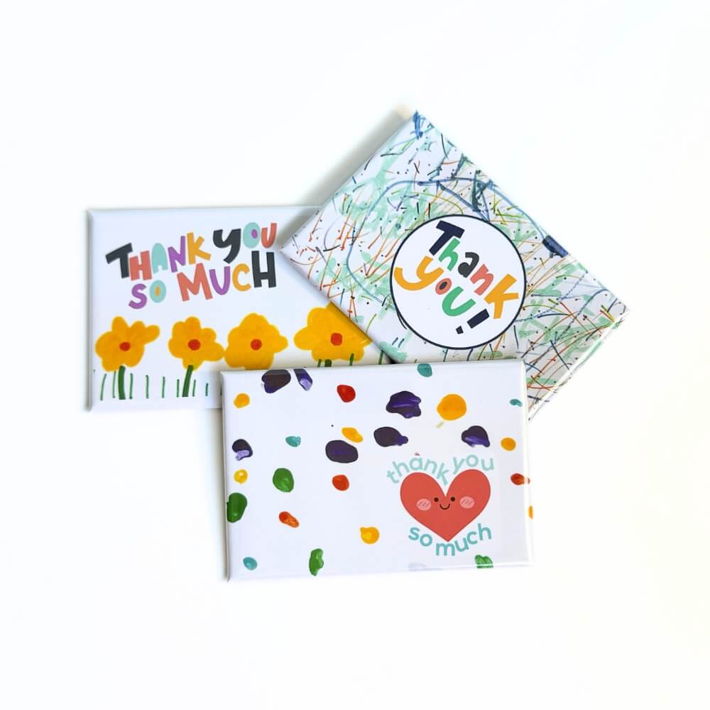 Image shows three different designs which were drawn by children and turned into magnets which were used as teacher and educator thank you gifts for the end of the year.