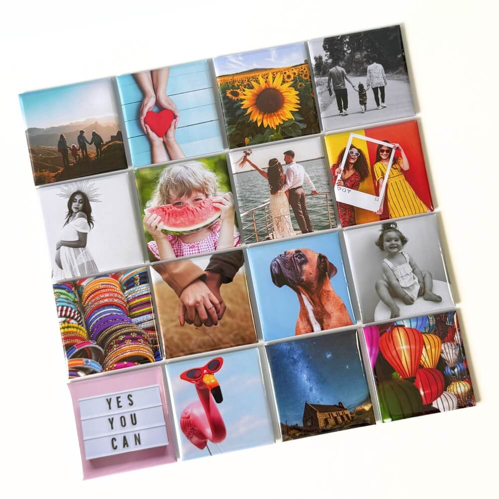 Image shows a flat lay of a set of 16 square photo magnets laid in a perfect grid of 4x4. Displaying their vibrancy, quality and options for images which could be turned into magnets in bright tones. 