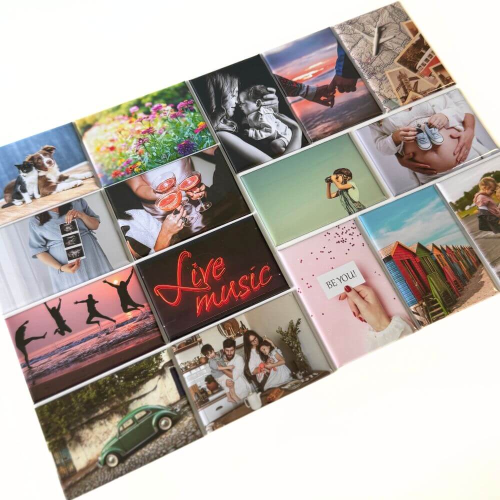 Image shows a flat lay of a set of 16 rectangle photo magnets demonstrating the versatility and vibrancy of a photo magnet. 