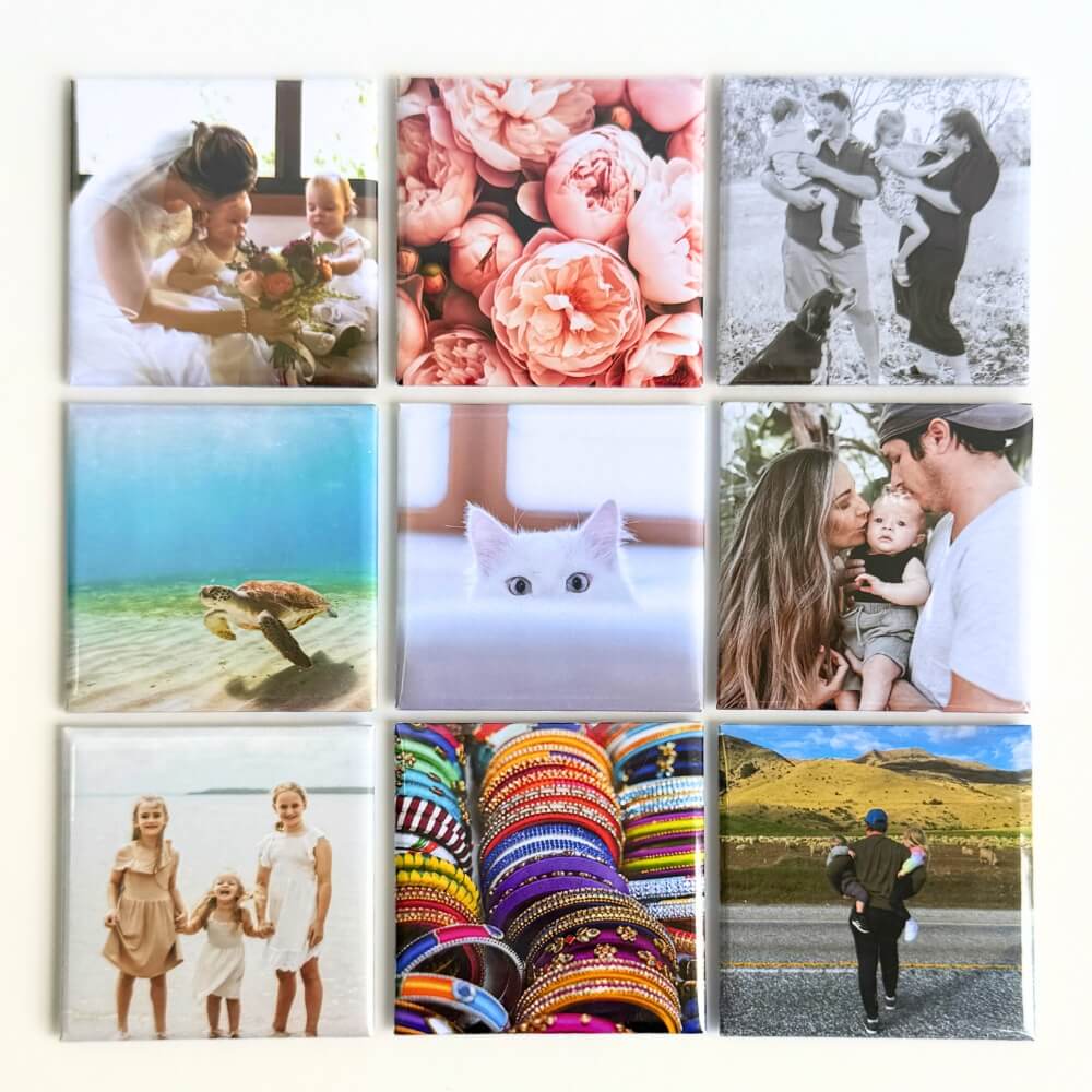 Image shows a flat lay of a set of 9 square photo magnets laid in a perfect grid of 3x3. Displaying their vibrancy, quality and options for images which could be turned into magnets. 